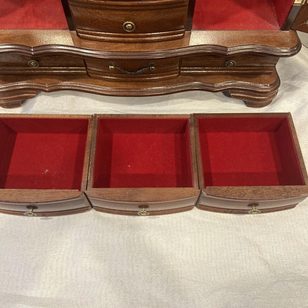 Vintage XL Wooden Jewelry Box Floral Glass Doors Mirror 6 Drawer Chest 16.5x16.5